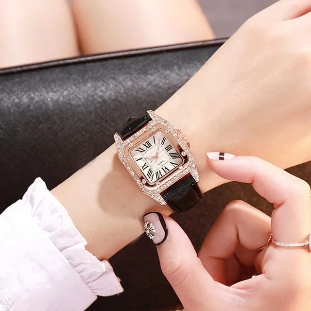 Diamond Starry Square Dial Bracelet Watch Set