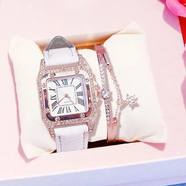 Diamond Starry Square Dial Bracelet Watch Set