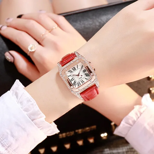 Diamond Starry Square Dial Bracelet Watch Set