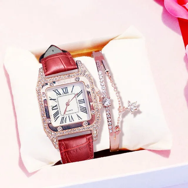 Diamond Starry Square Dial Bracelet Watch Set