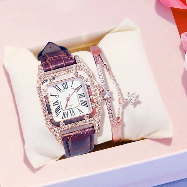 Diamond Starry Square Dial Bracelet Watch Set