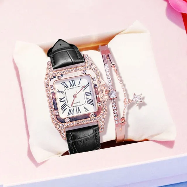 Diamond Starry Square Dial Bracelet Watch Set