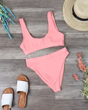 Dippin' Daisy's Sporty Banded Top High Waisted Cheeky Bottom Bikini Separates in Coral