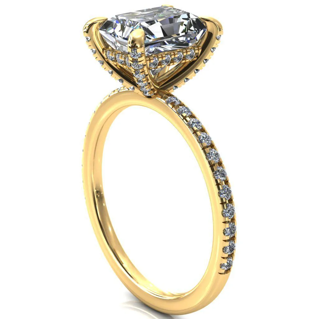 Ezili 11x9mm or 5.3 Cts. DEW Radiant Moissanite 4 Claw Prong Micro Pave Diamond Sides Engagement 14K Yellow Gold Ring