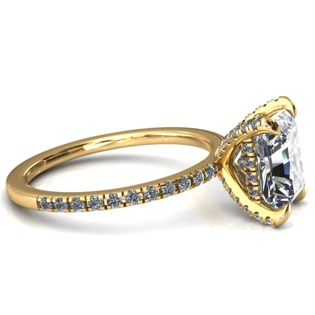 Ezili 11x9mm or 5.3 Cts. DEW Radiant Moissanite 4 Claw Prong Micro Pave Diamond Sides Engagement 14K Yellow Gold Ring