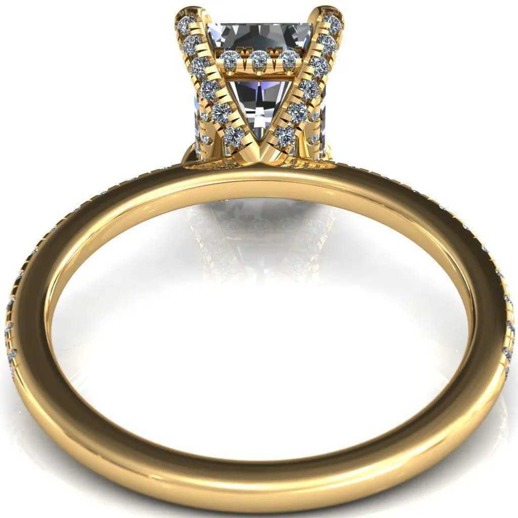 Ezili 11x9mm or 5.3 Cts. DEW Radiant Moissanite 4 Claw Prong Micro Pave Diamond Sides Engagement 14K Yellow Gold Ring