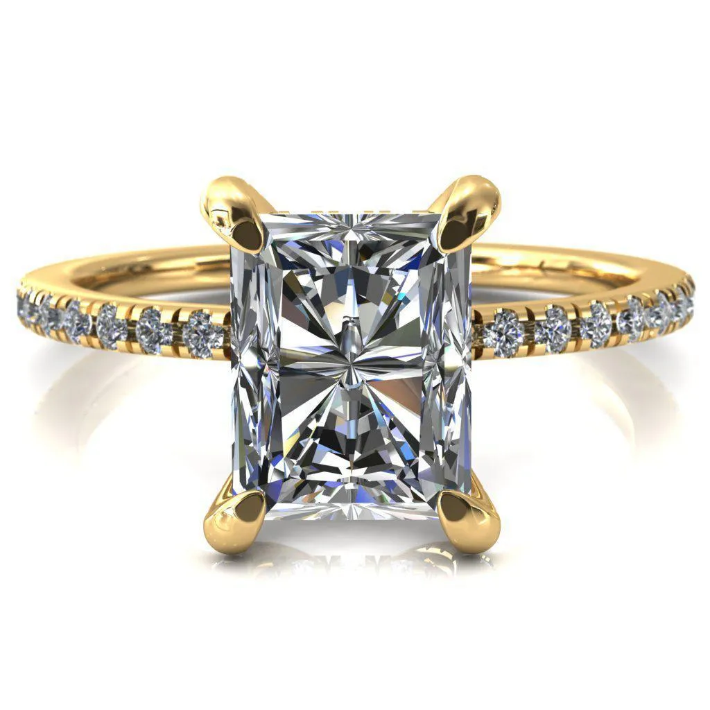 Ezili 11x9mm or 5.3 Cts. DEW Radiant Moissanite 4 Claw Prong Micro Pave Diamond Sides Engagement 14K Yellow Gold Ring