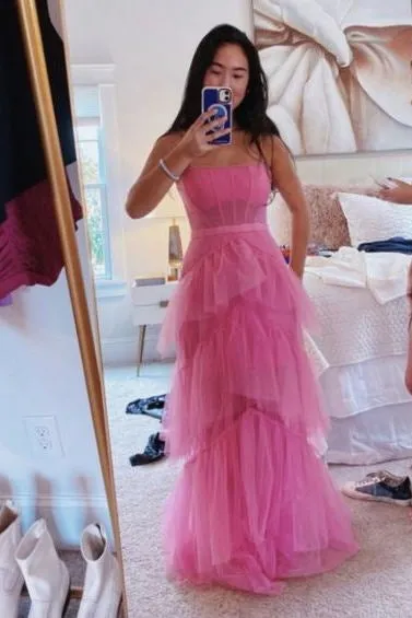 Fashion Hot Pink Layered Ruffles Evening Gown A Line Tulle Long Prom Dresses