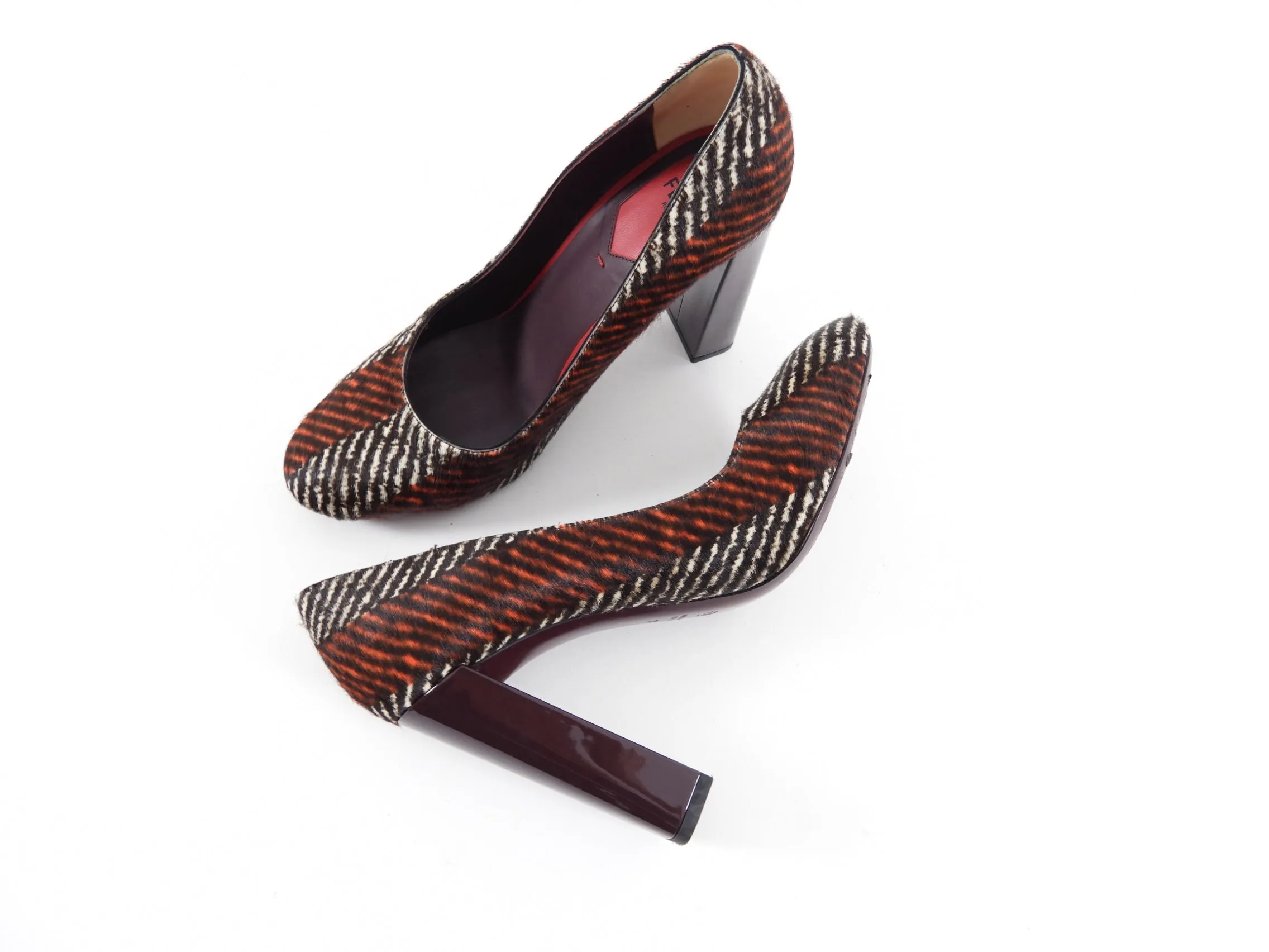 Fendi Orange and Burgundy Printed Calf Hair Block Heel Pumps - EU39