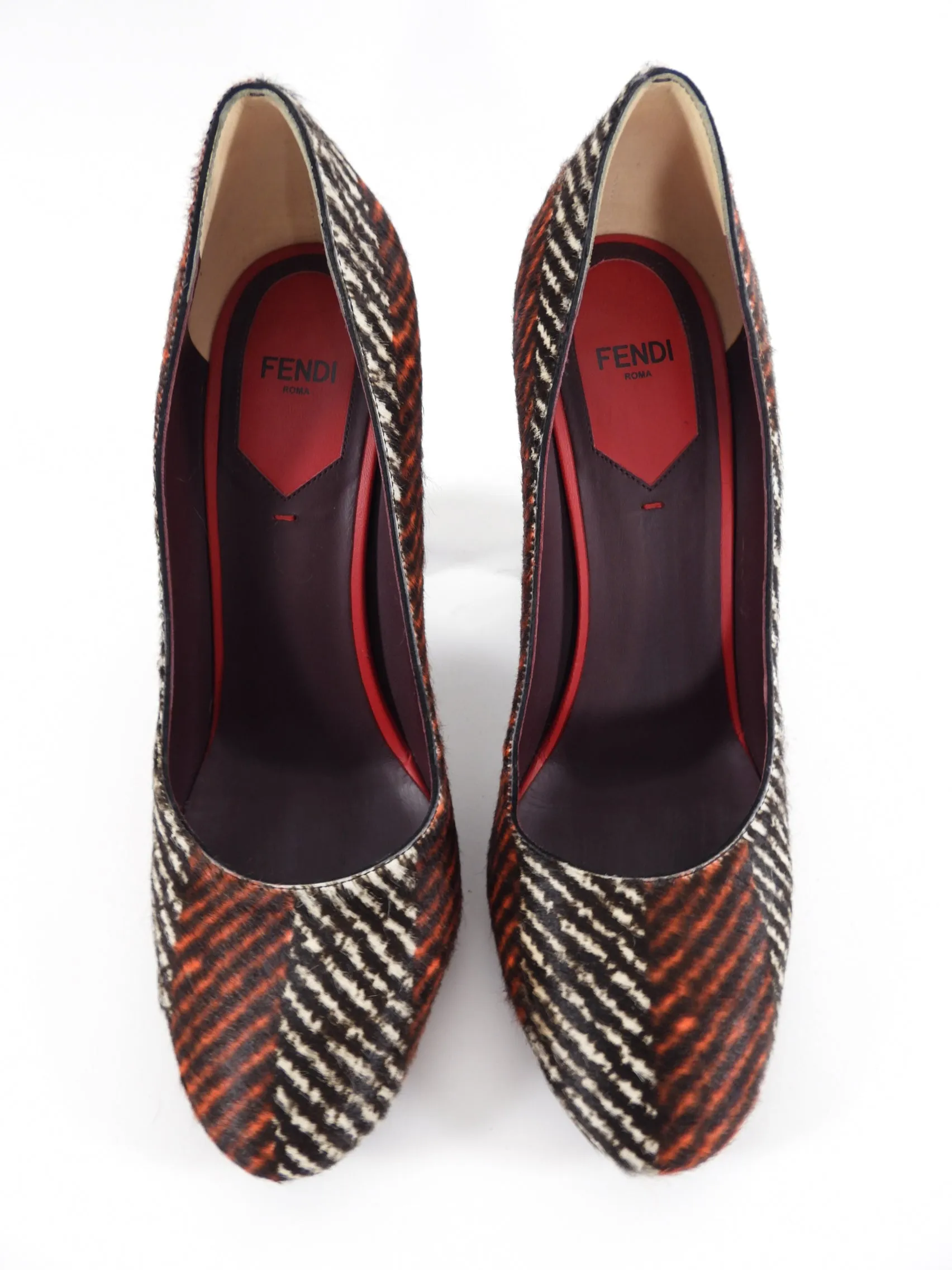 Fendi Orange and Burgundy Printed Calf Hair Block Heel Pumps - EU39