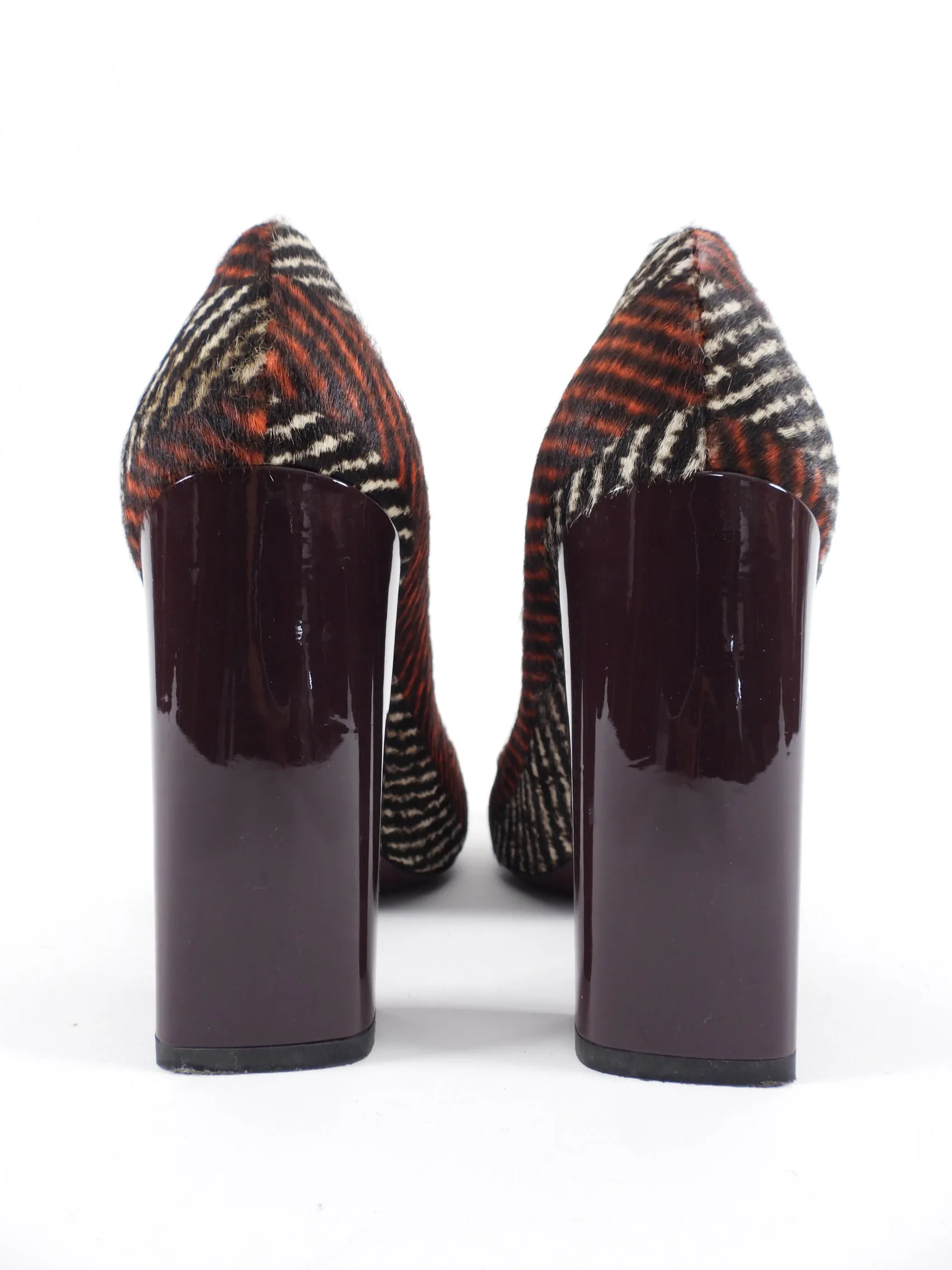 Fendi Orange and Burgundy Printed Calf Hair Block Heel Pumps - EU39