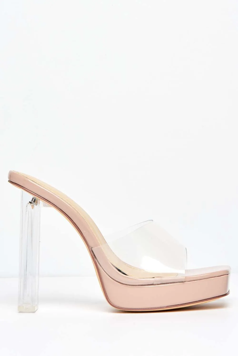 Flovous Perspex Bloch Heel Platform Mules in Nude Patent