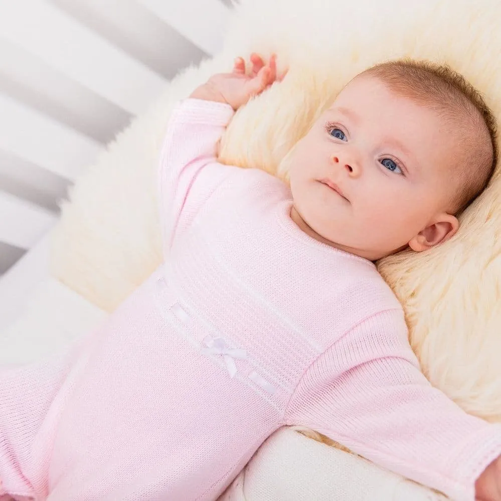 Girls Pink Knitted Onesie with White Satin Ribbon Bow