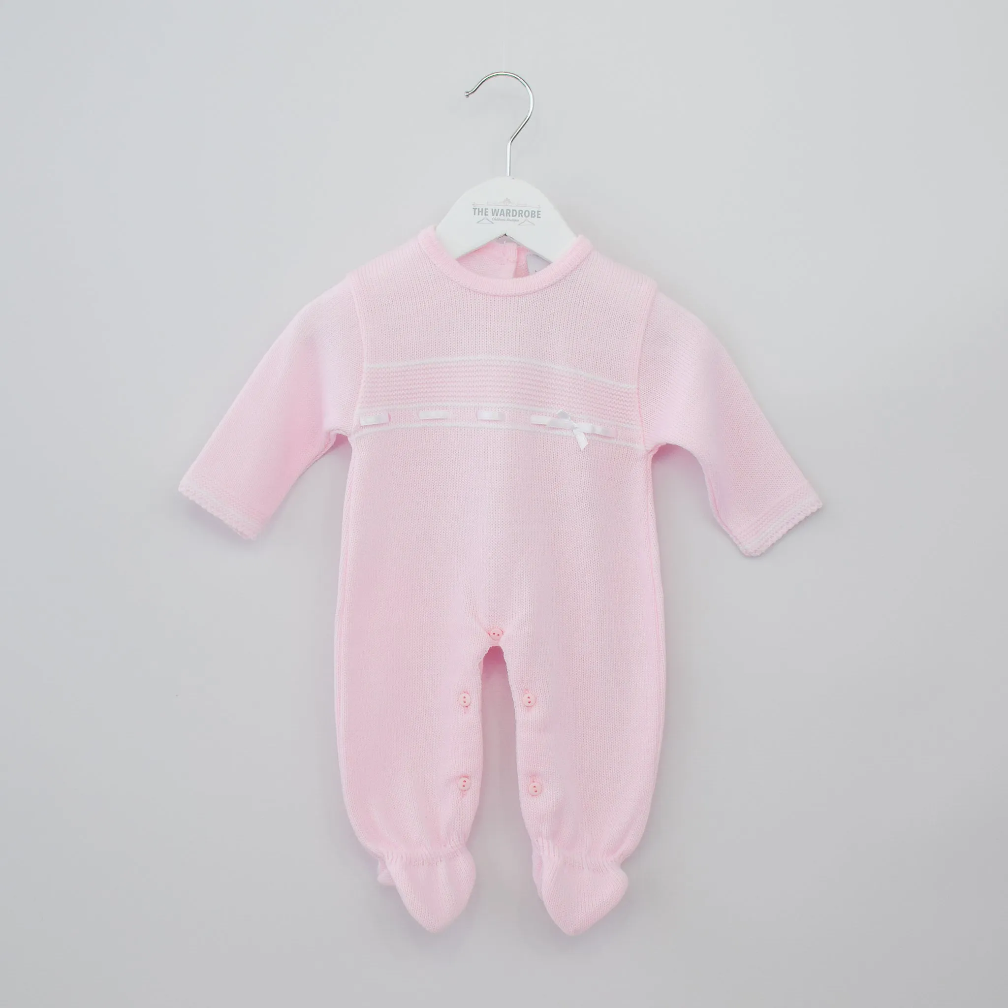 Girls Pink Knitted Onesie with White Satin Ribbon Bow