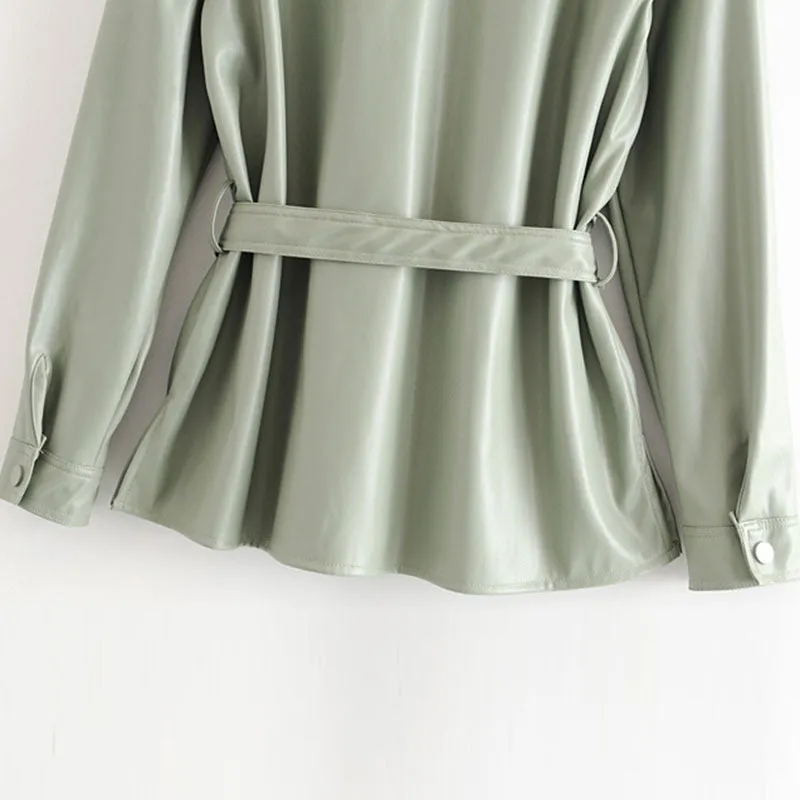 Green Faux Leather Shirt Jacket With Tie Waist Belt