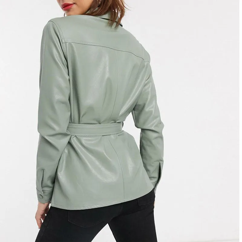 Green Faux Leather Shirt Jacket With Tie Waist Belt