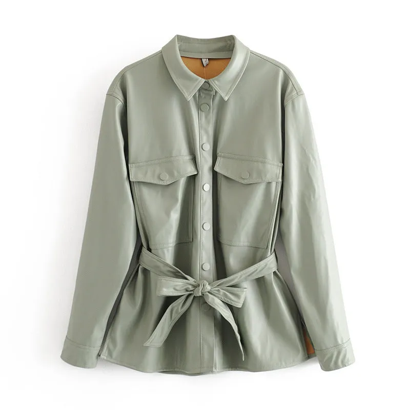 Green Faux Leather Shirt Jacket With Tie Waist Belt