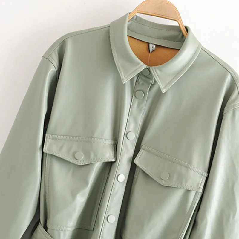 Green Faux Leather Shirt Jacket With Tie Waist Belt