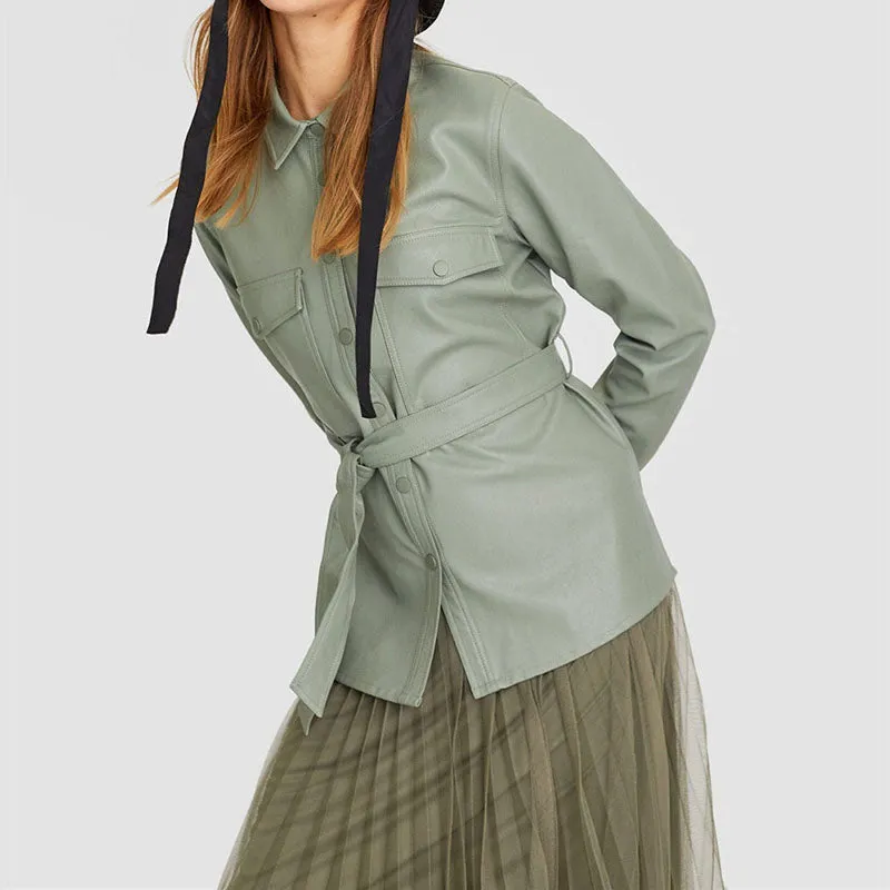 Green Faux Leather Shirt Jacket With Tie Waist Belt