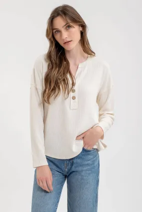 HALF BUTTON V NECK LONG SLEEVE KNIT TOP