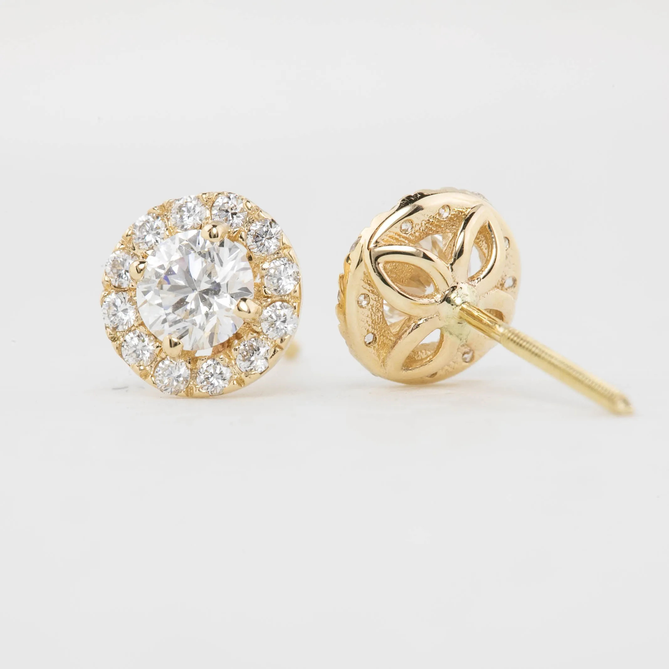 Halo Diamond Stud Earrings - GIA certified G Color SI Clarity Round Brilliant Excellent Cut Diamond, 14k yellow gold