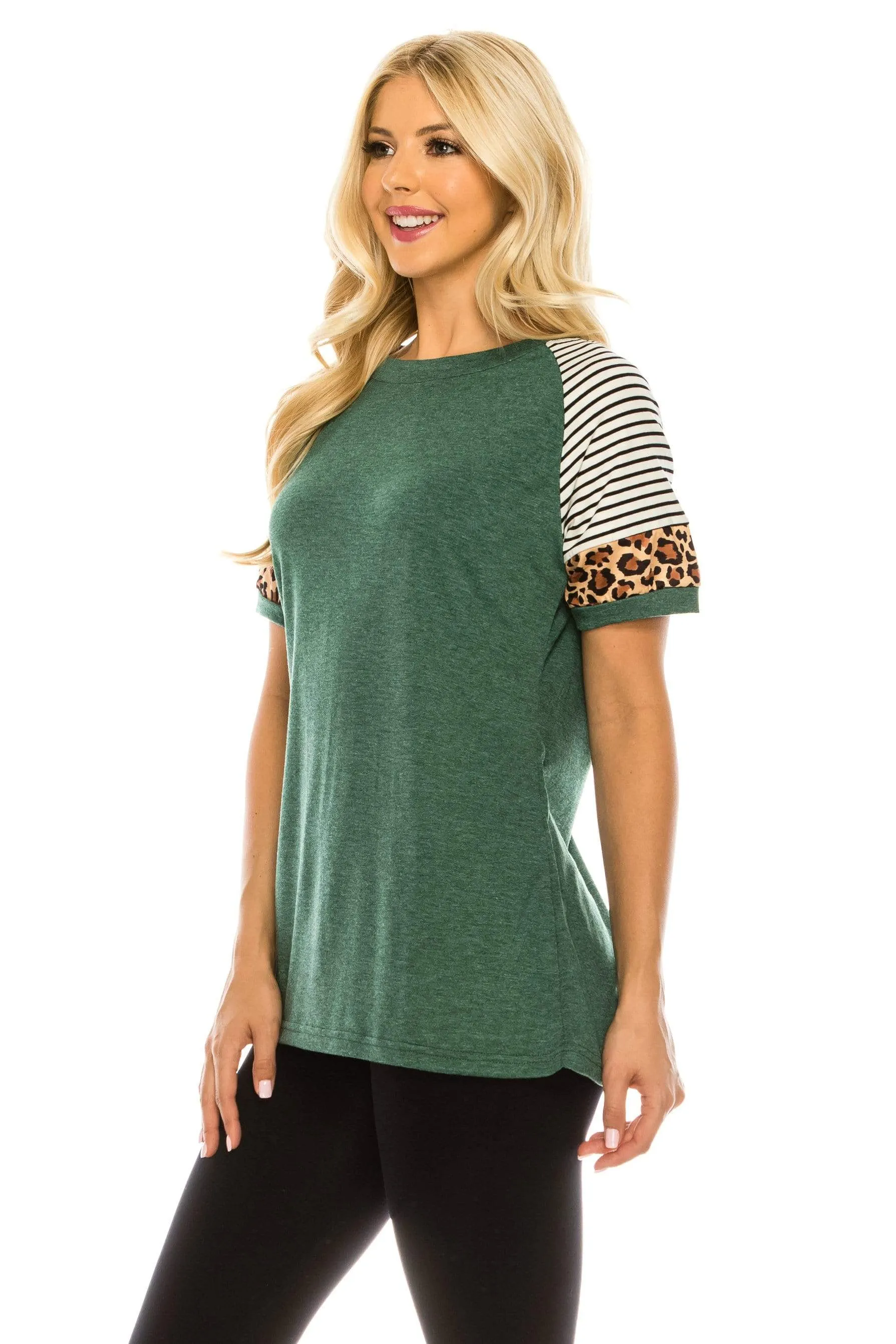 Haute Edition Women's Crew Neck Color Block Leopard Top. Plue Sizes Available