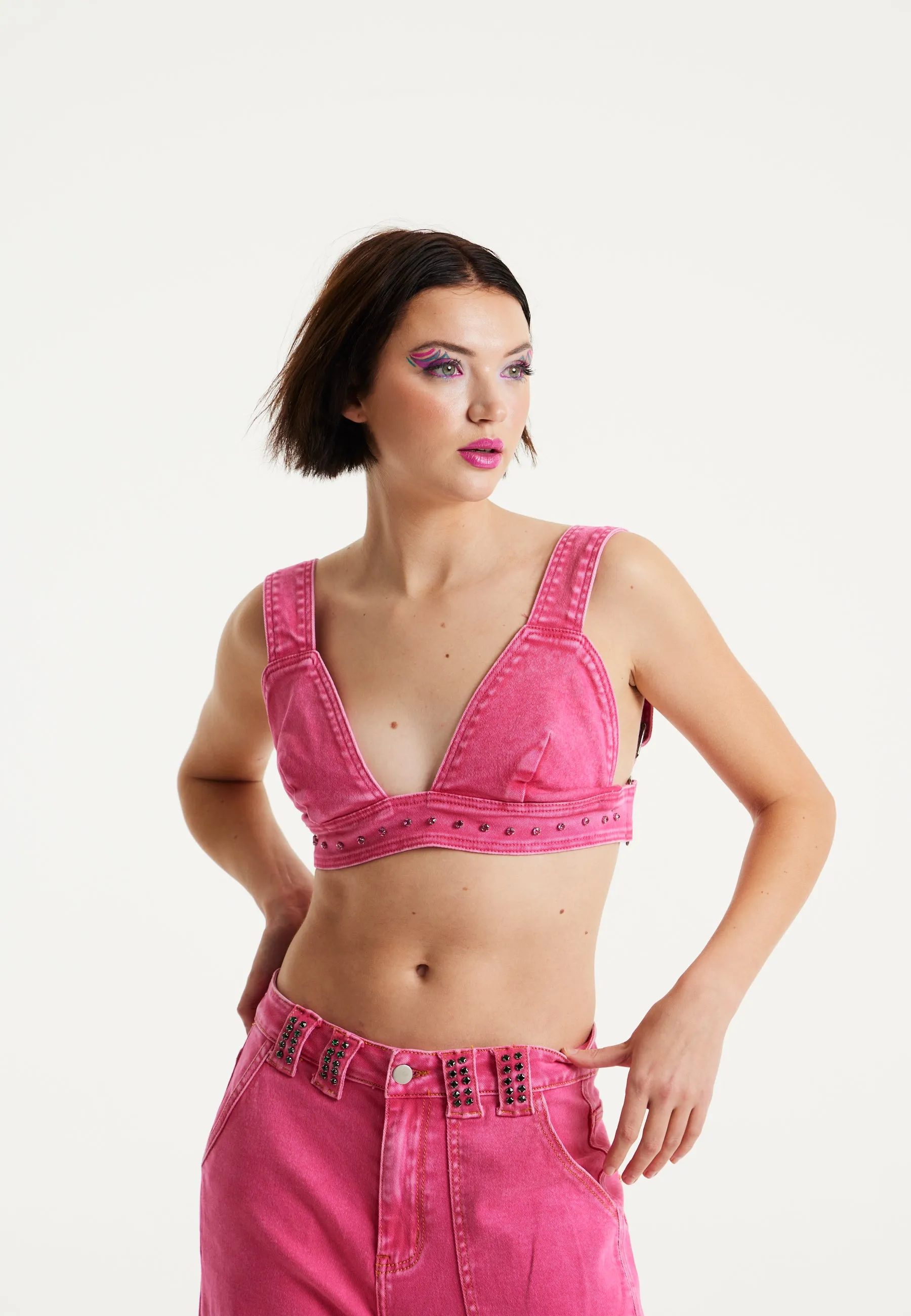 House of Holland Hot Pink Denim Studded Bralette