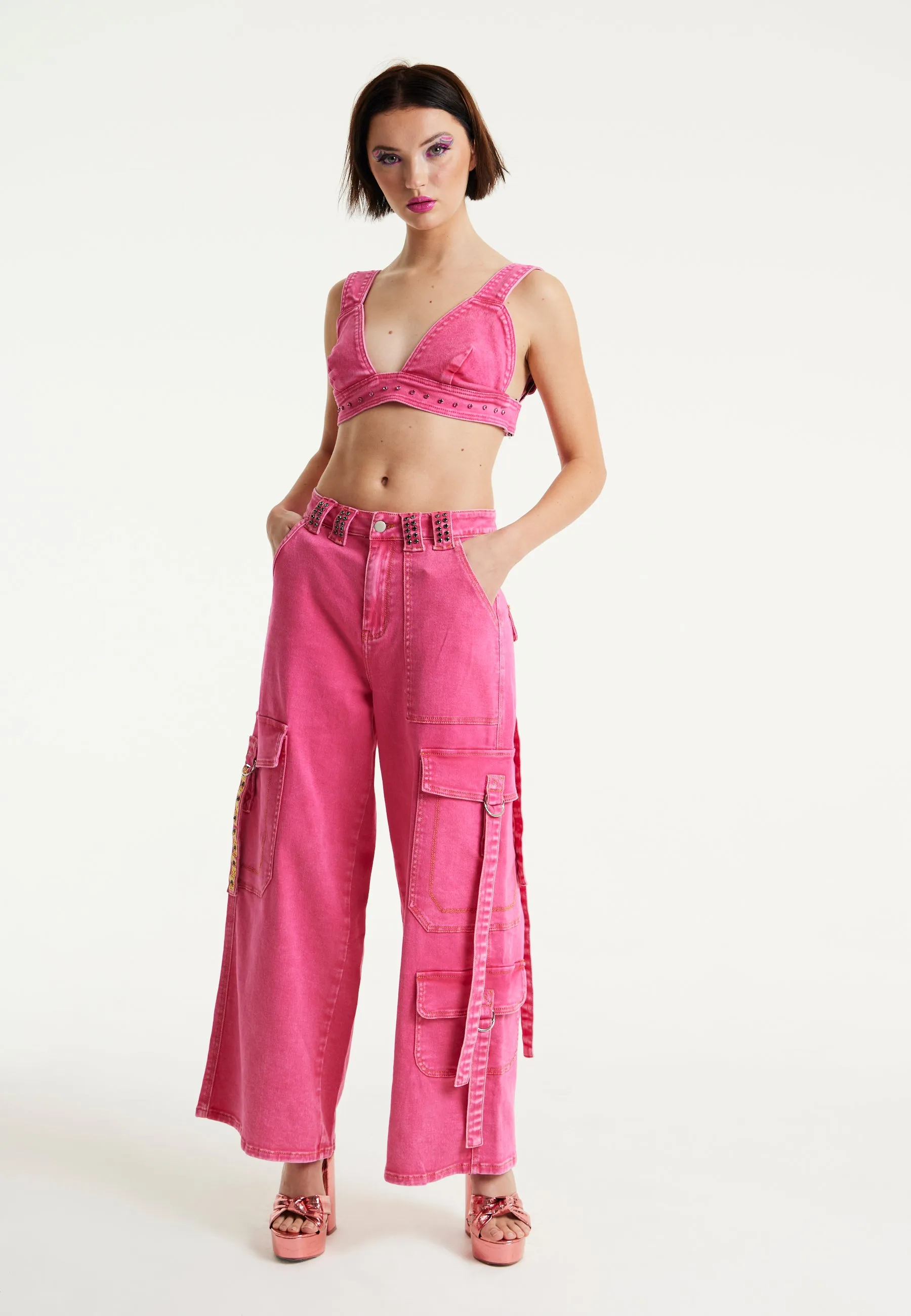 House of Holland Hot Pink Denim Studded Bralette