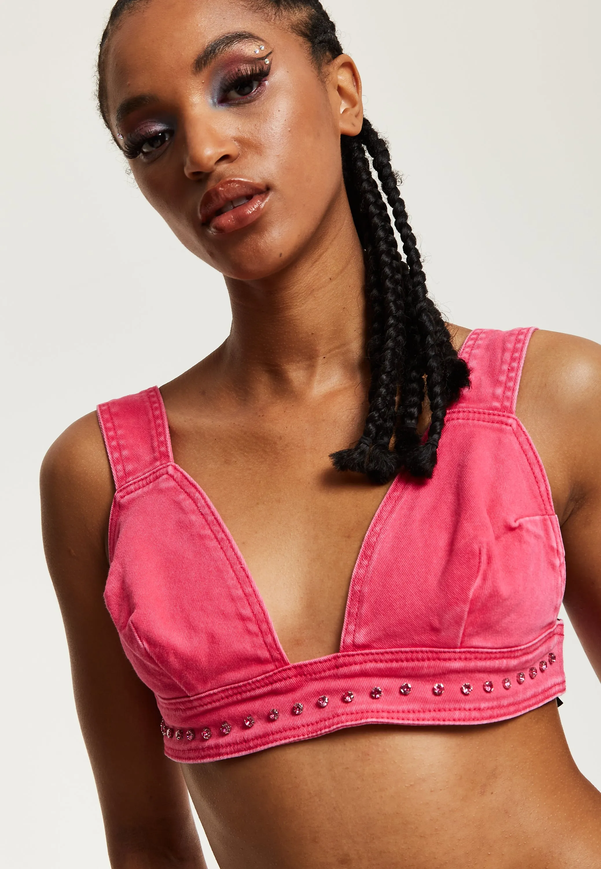 House of Holland Hot Pink Denim Studded Bralette