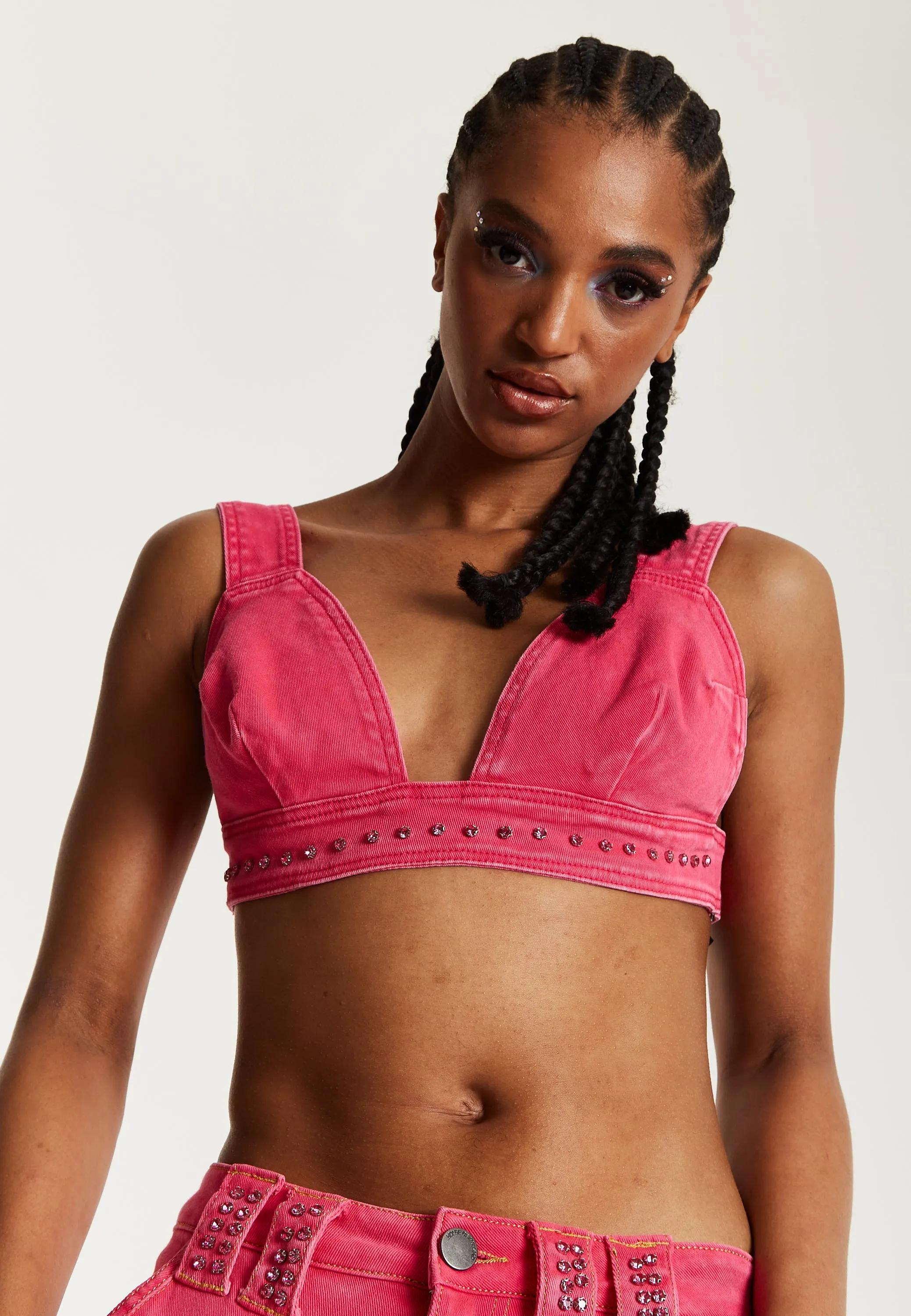 House of Holland Hot Pink Denim Studded Bralette