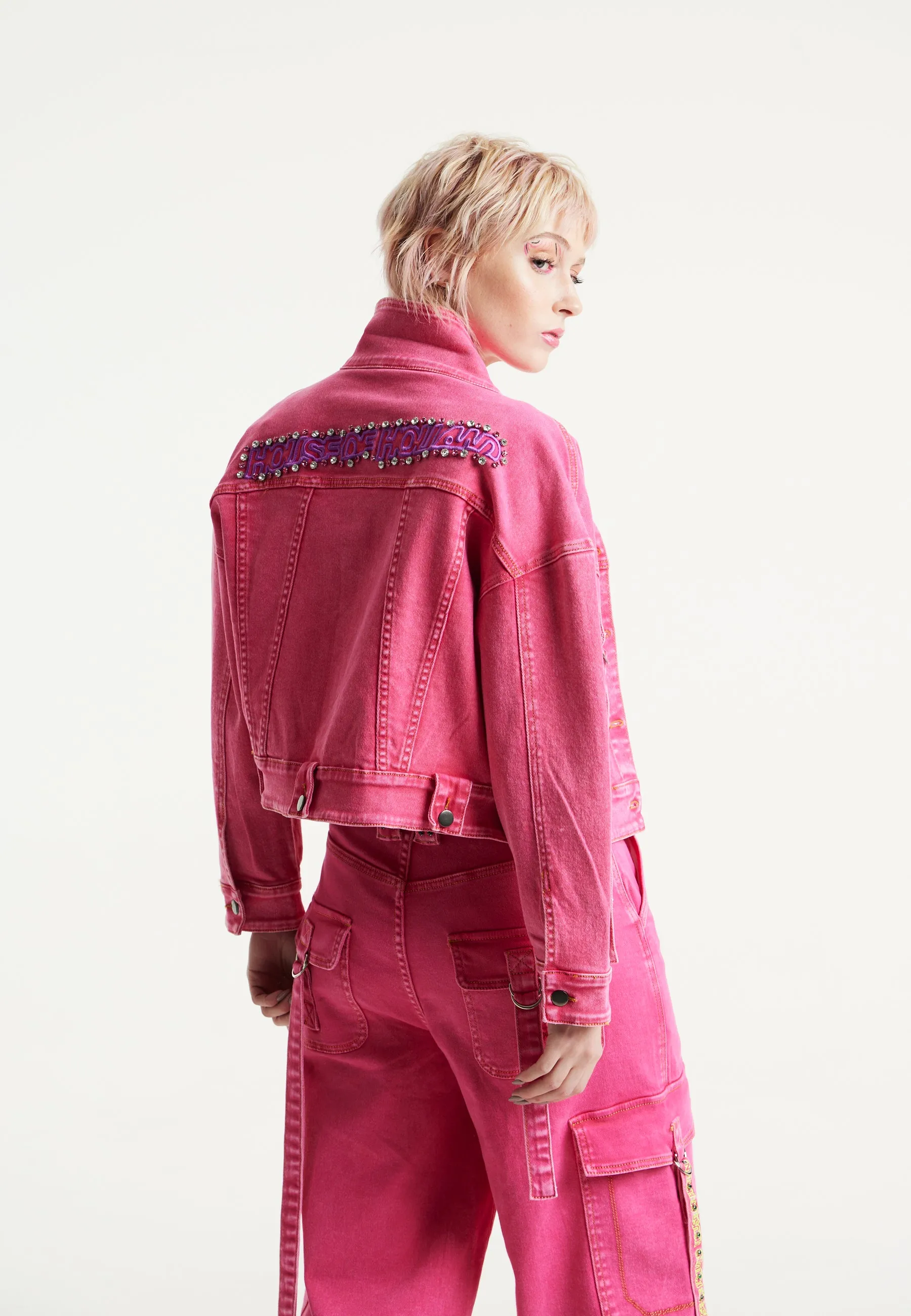 House of Holland Oversized Hot Pink Denim Jacket With Studs