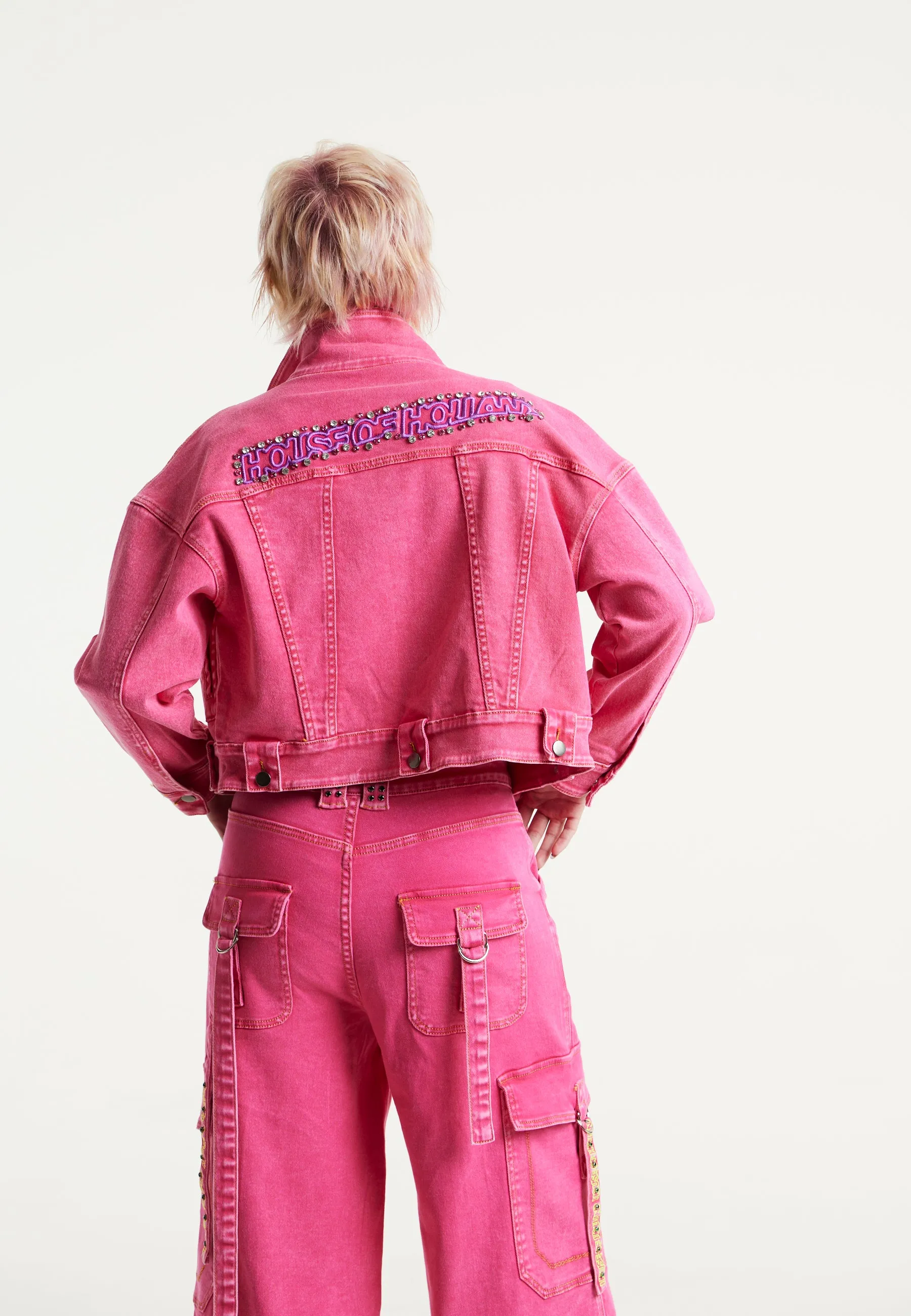 House of Holland Oversized Hot Pink Denim Jacket With Studs