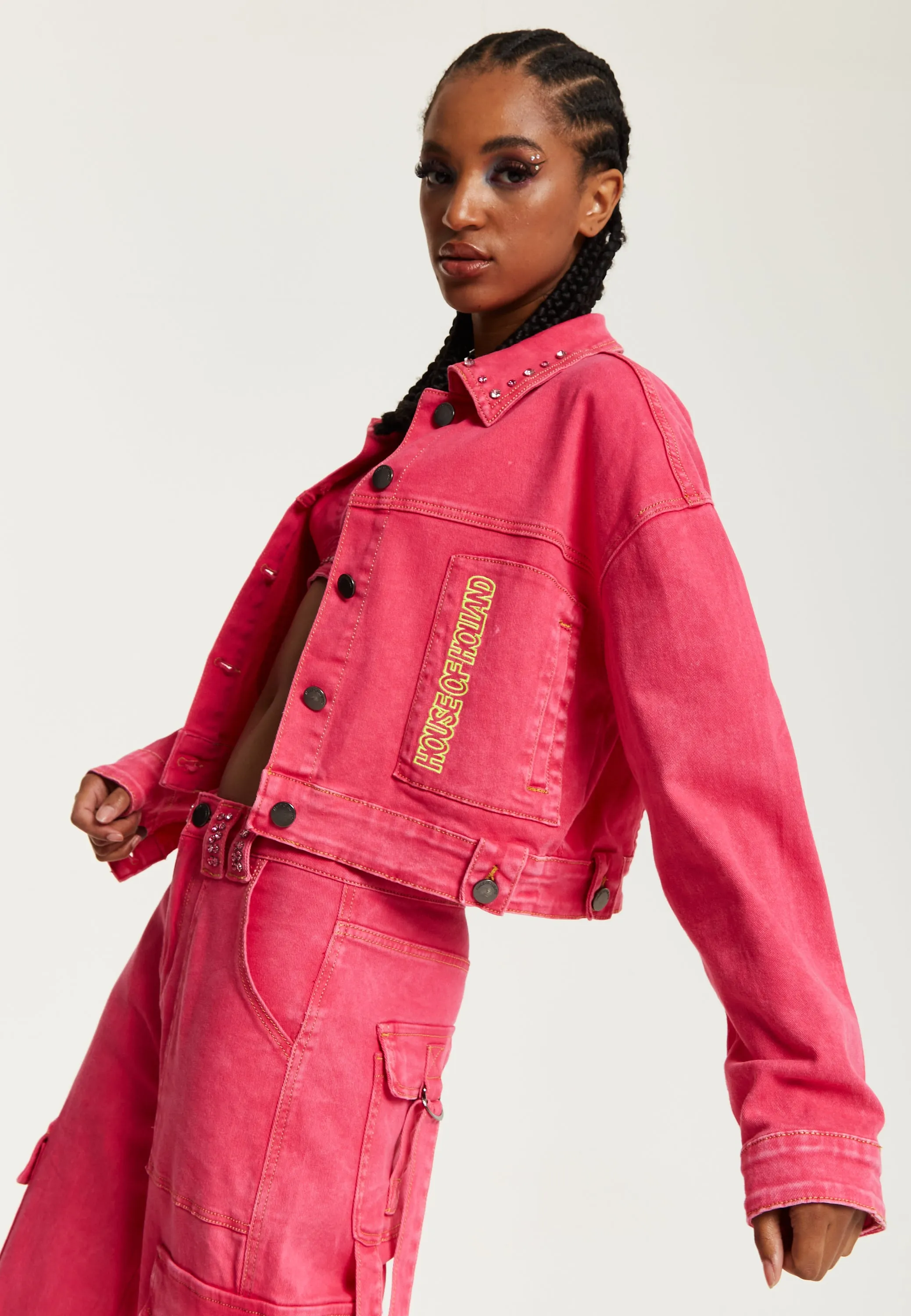 House of Holland Oversized Hot Pink Denim Jacket With Studs