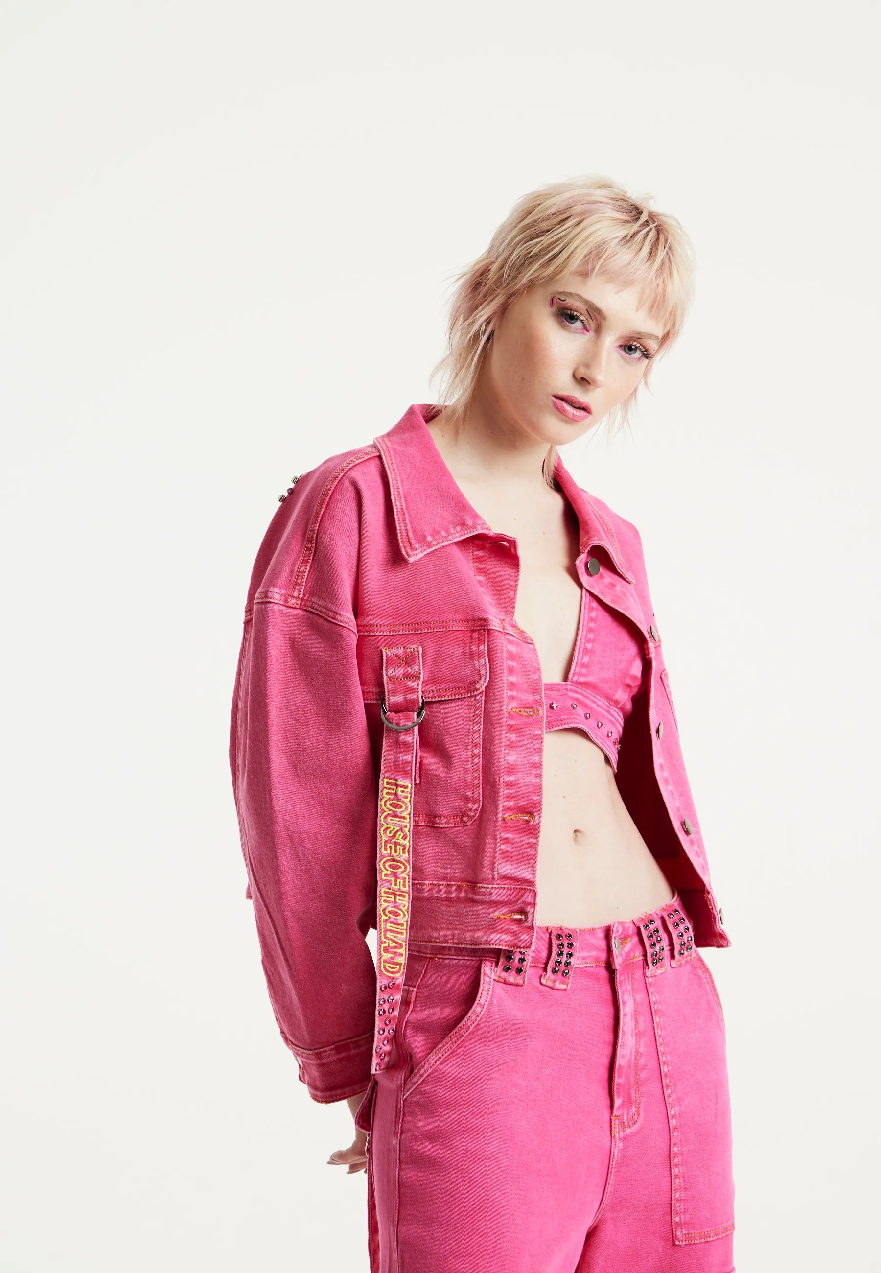 House of Holland Oversized Hot Pink Denim Jacket With Studs