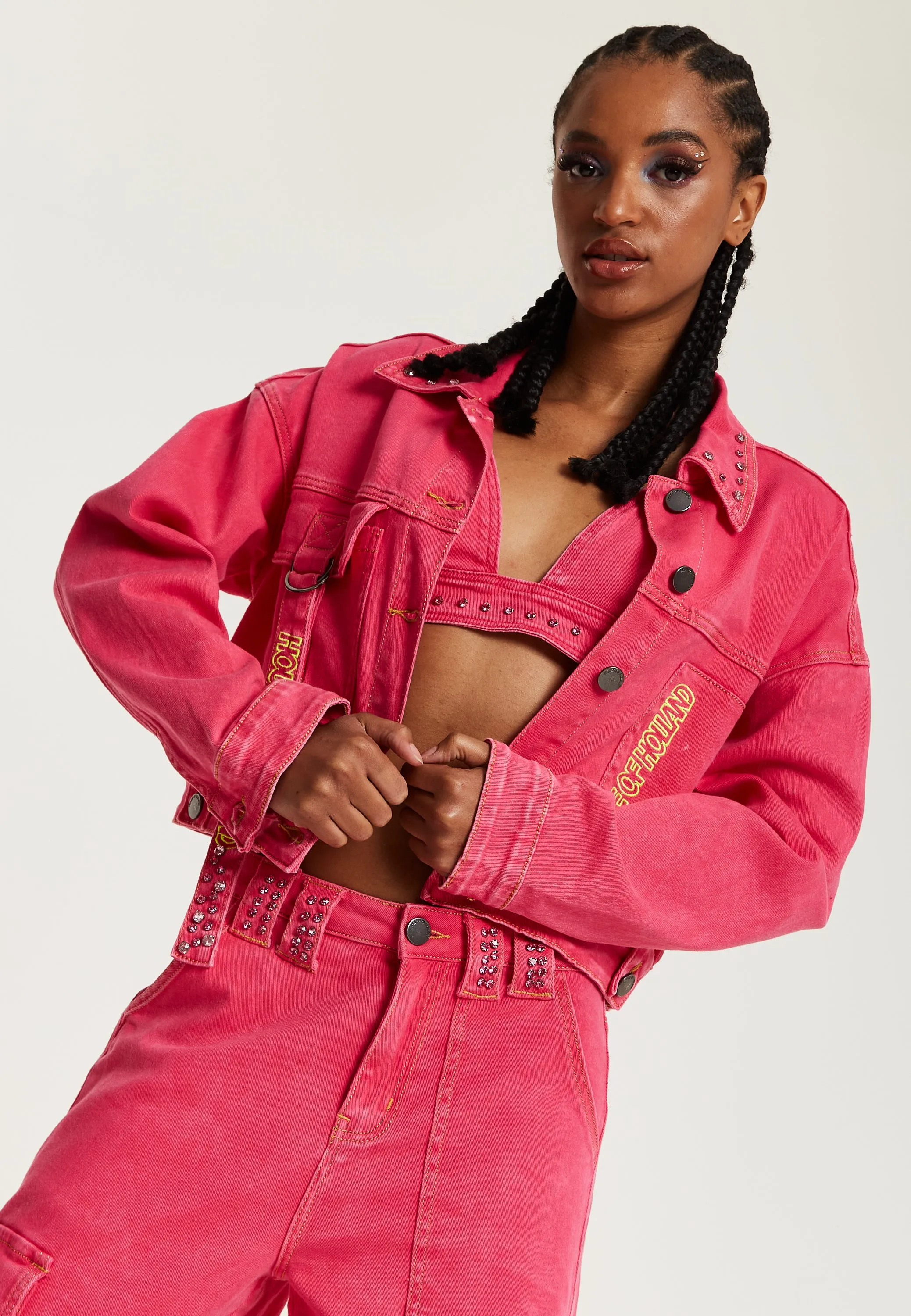 House of Holland Oversized Hot Pink Denim Jacket With Studs