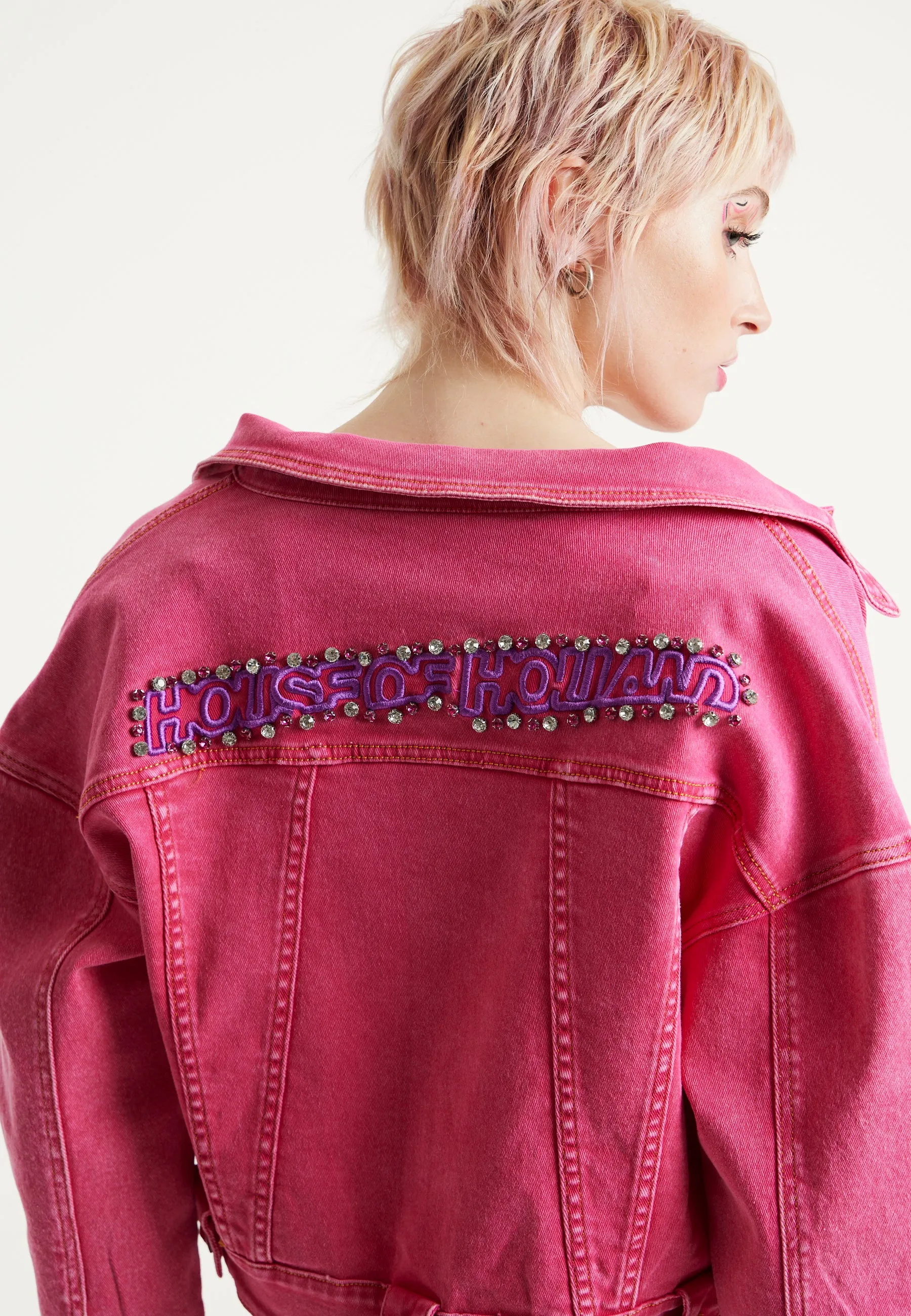 House of Holland Oversized Hot Pink Denim Jacket With Studs