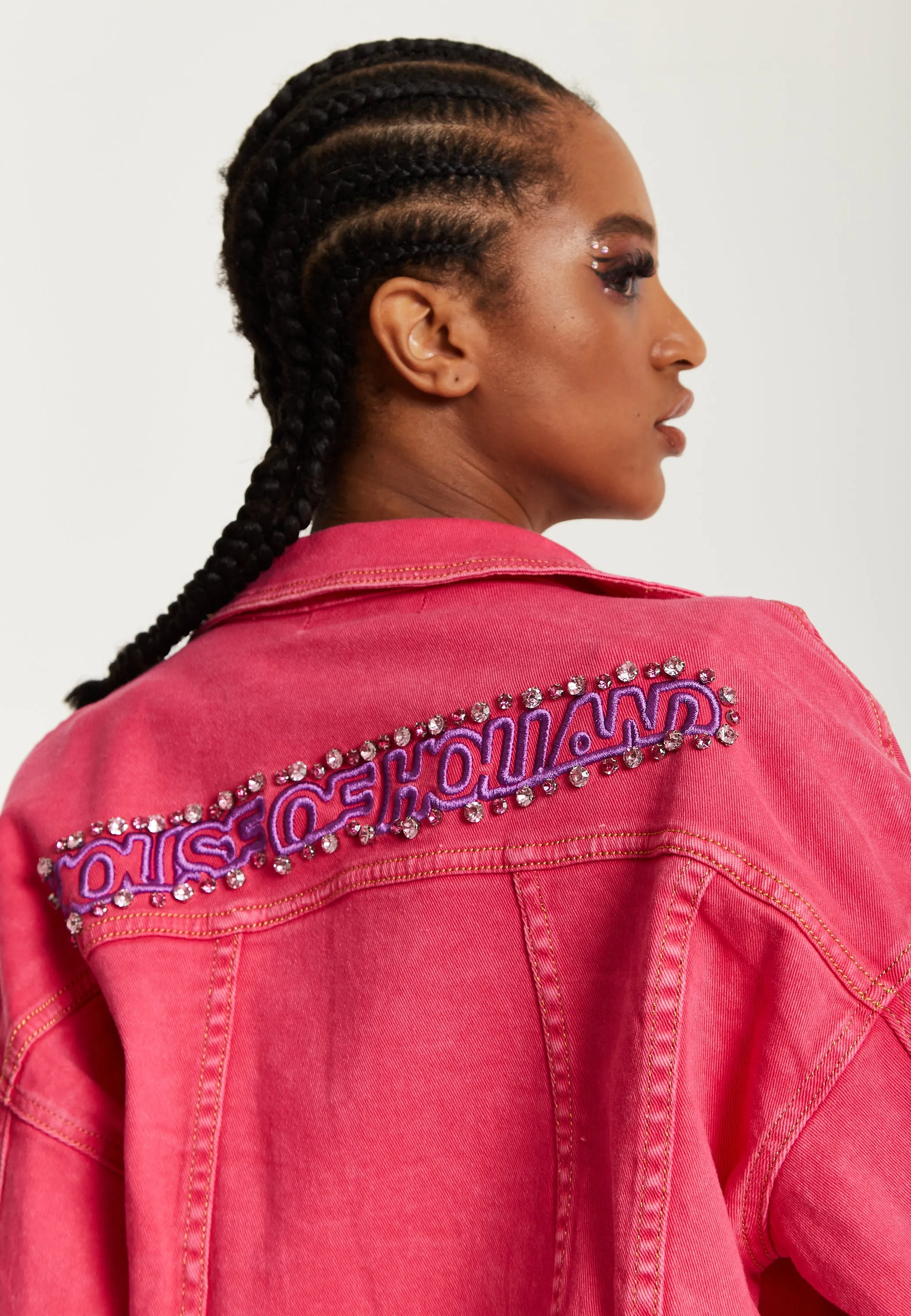 House of Holland Oversized Hot Pink Denim Jacket With Studs