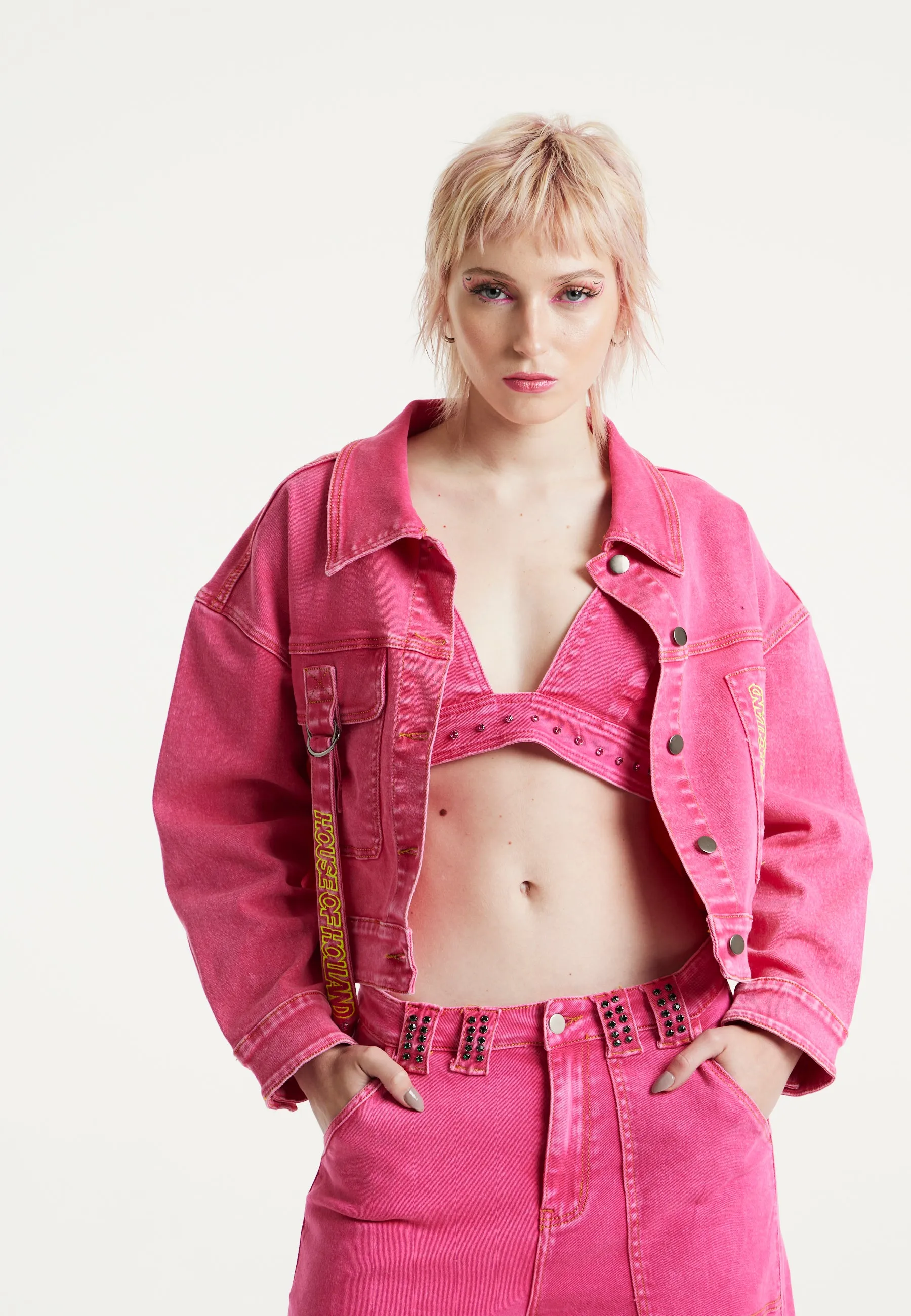 House of Holland Oversized Hot Pink Denim Jacket With Studs