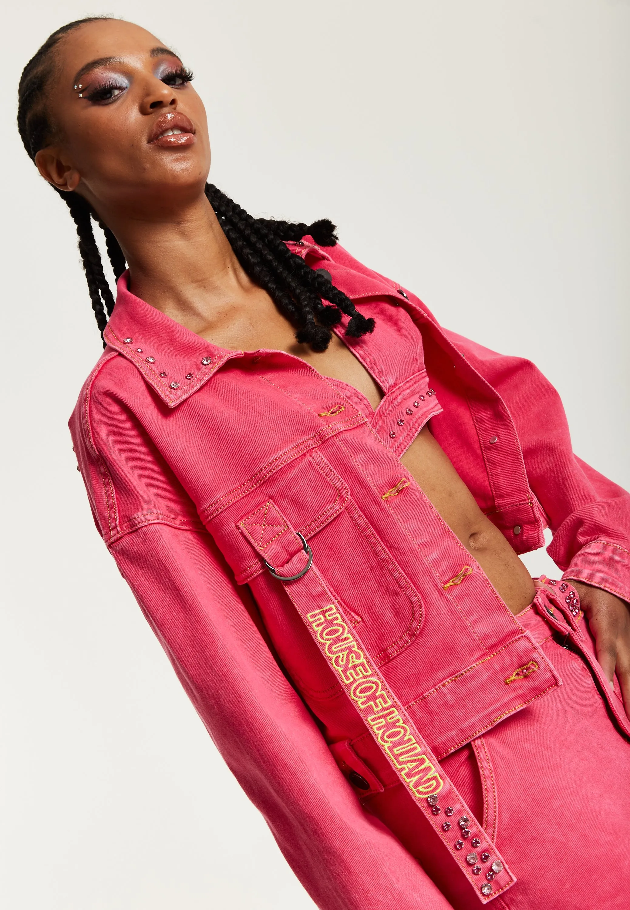 House of Holland Oversized Hot Pink Denim Jacket With Studs