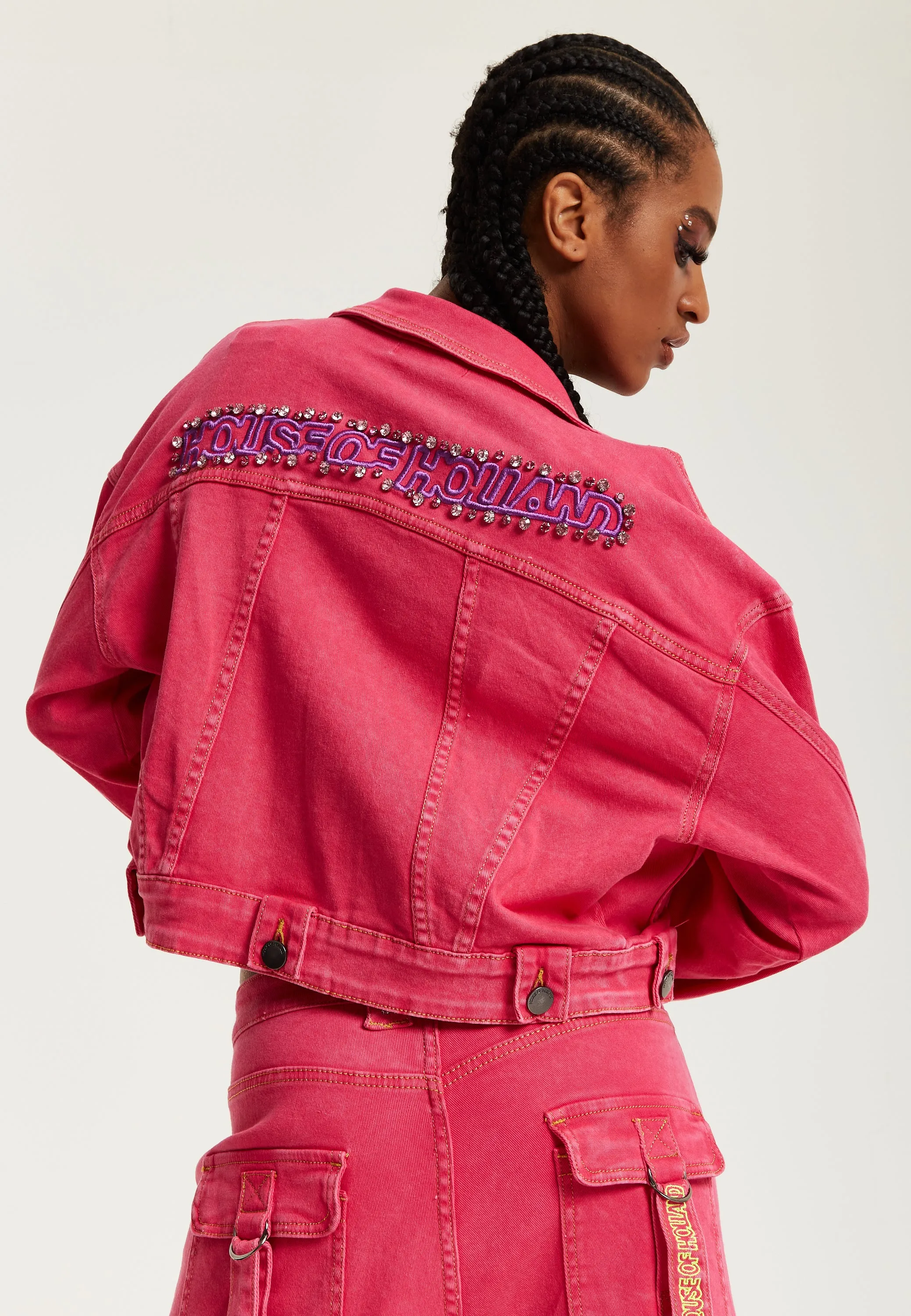 House of Holland Oversized Hot Pink Denim Jacket With Studs