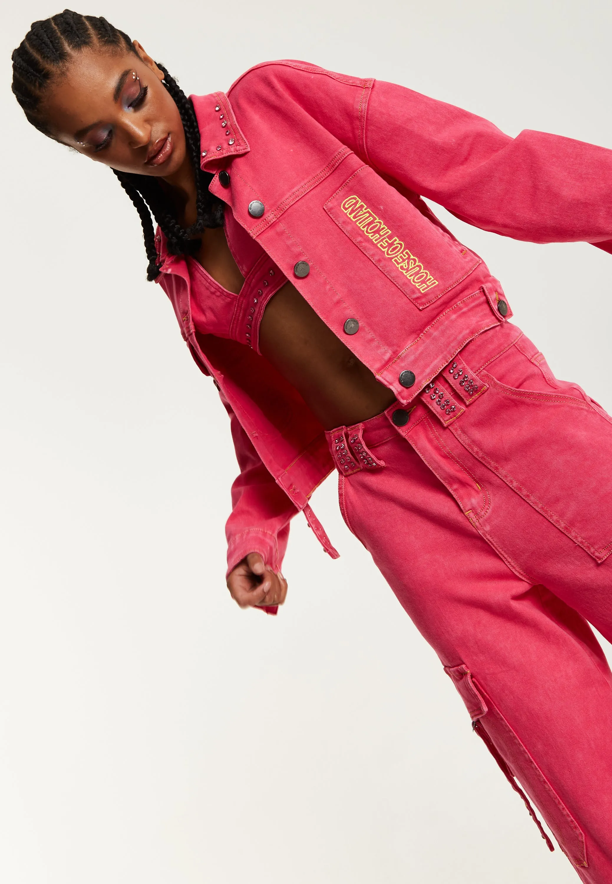 House of Holland Oversized Hot Pink Denim Jacket With Studs