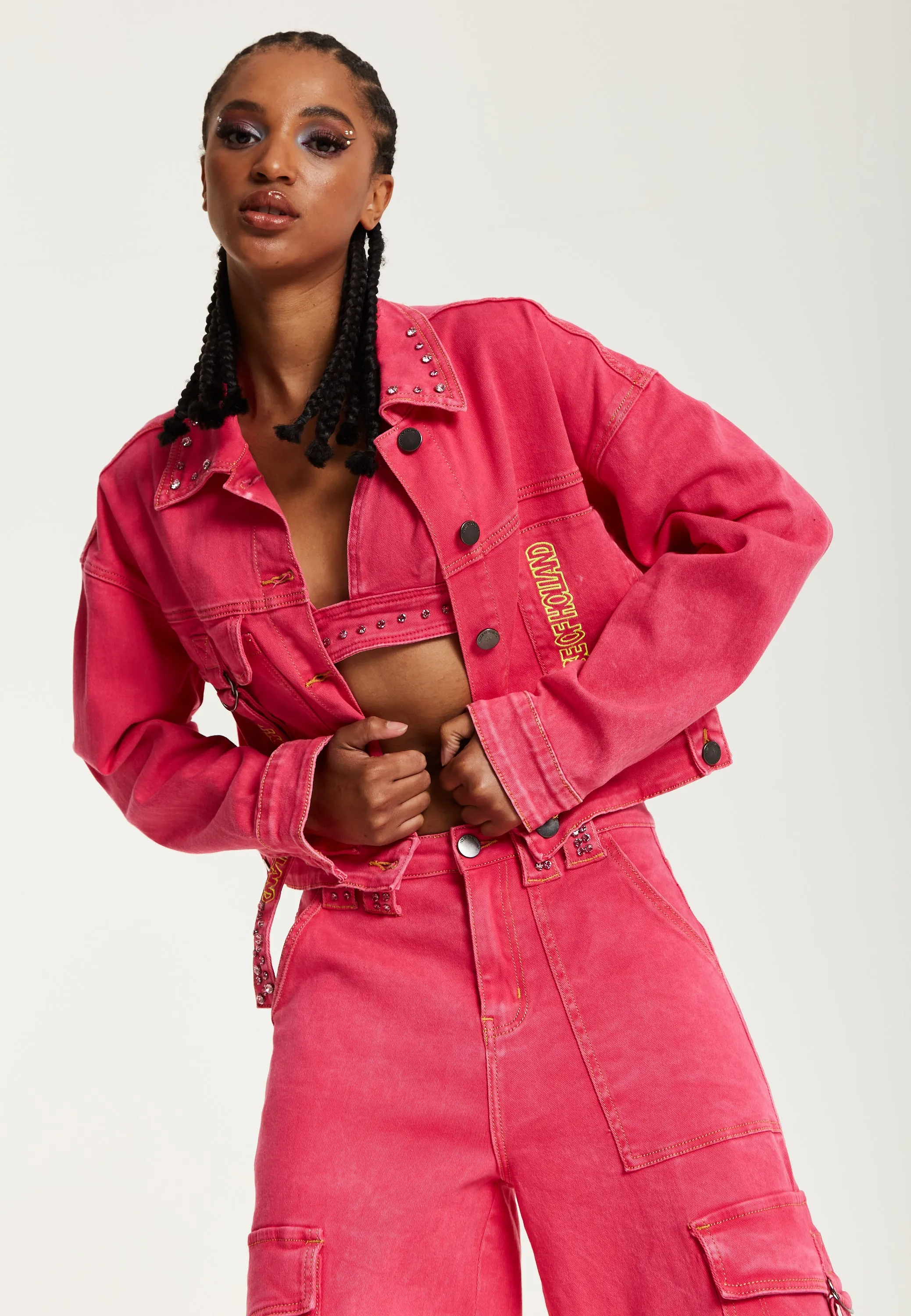 House of Holland Oversized Hot Pink Denim Jacket With Studs