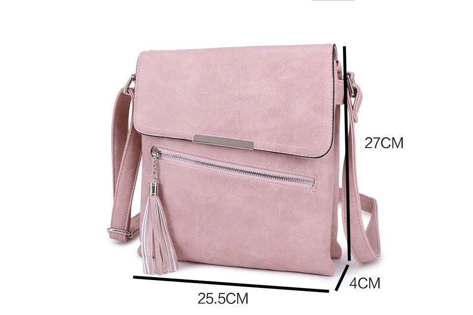 LARGE TASSEL MULTI COMPARTMENT CROSS BODY SHOULDER BAG WITH LONG STRAP - PINK