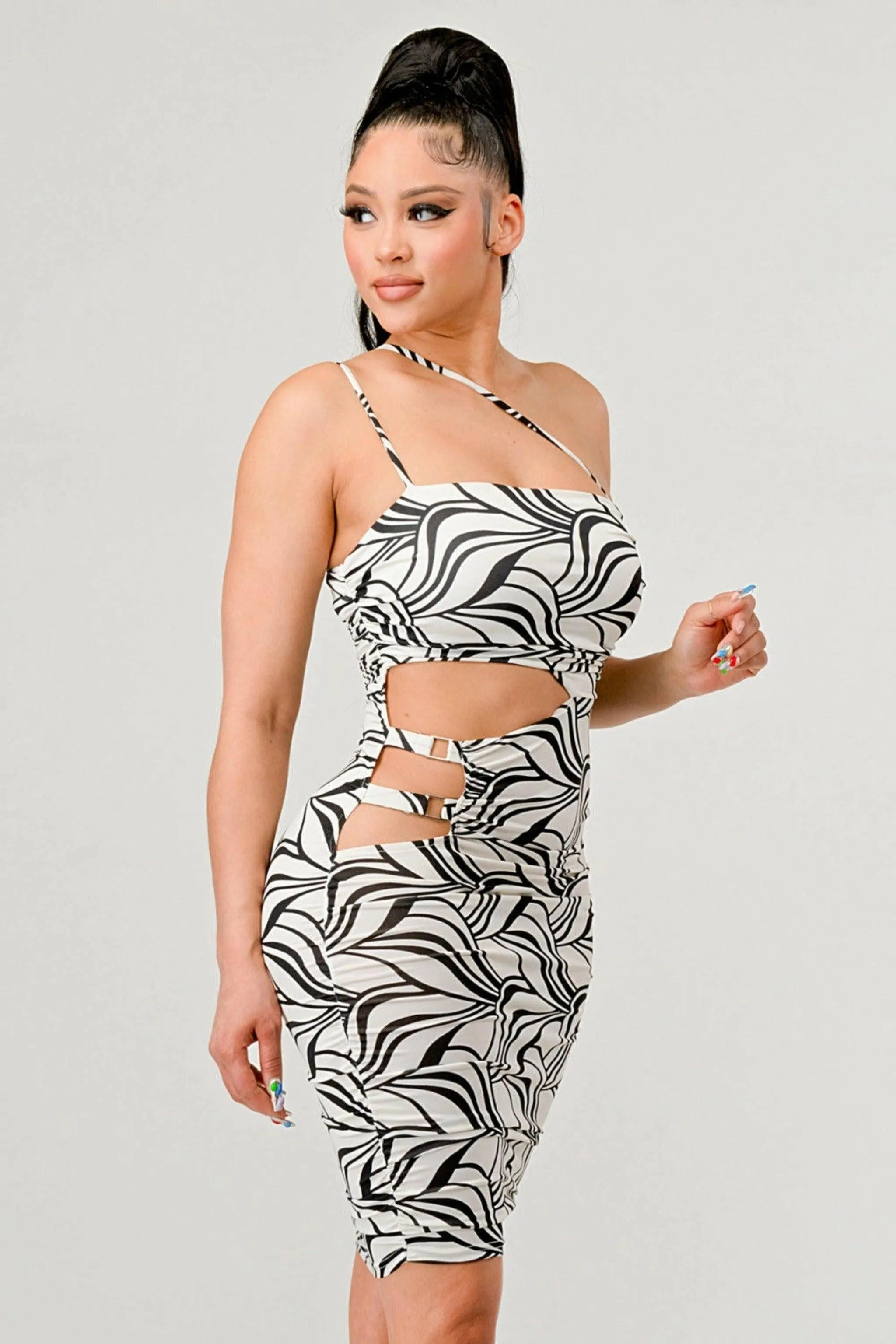 Leaf Print Cutouts Spaghetti Mini Dress