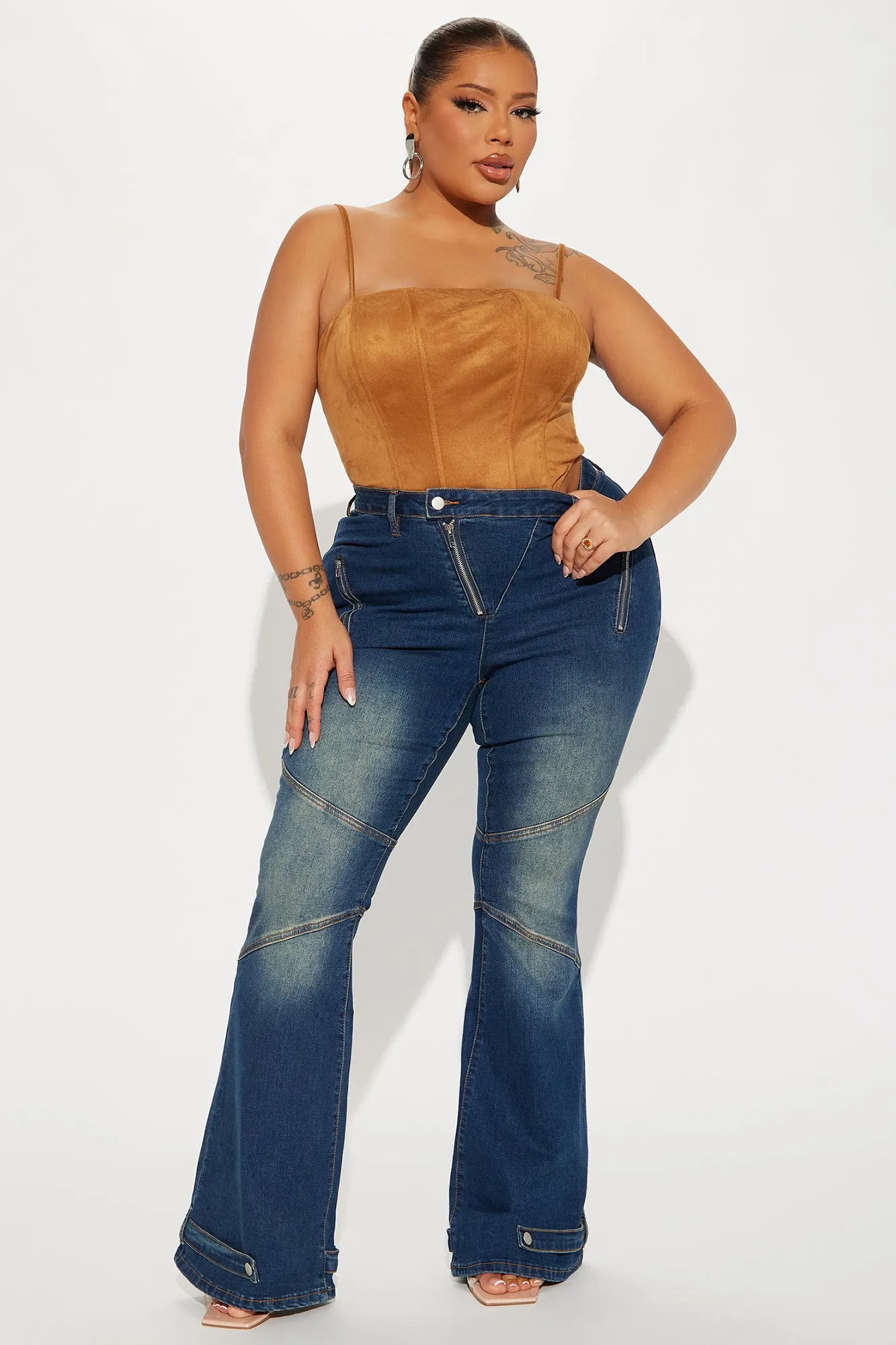 Let Me Introduce You  Stretch Moto Flare Jeans - Dark Wash