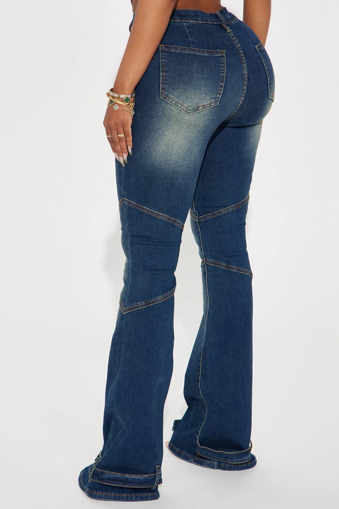 Let Me Introduce You  Stretch Moto Flare Jeans - Dark Wash