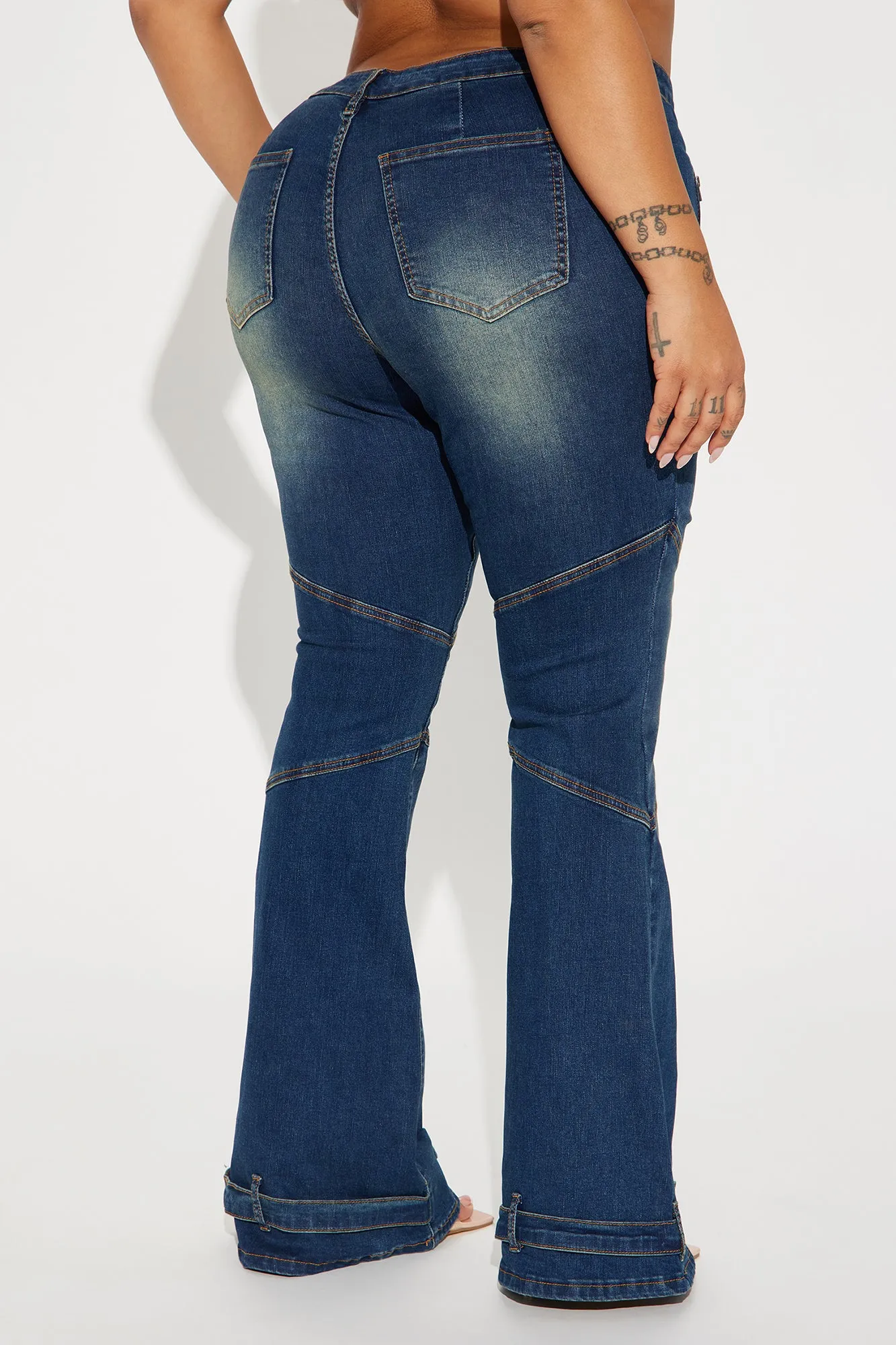 Let Me Introduce You  Stretch Moto Flare Jeans - Dark Wash