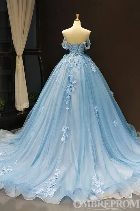 Light Blue Off Shoulder Sweetheart Long Lace Prom Dresses