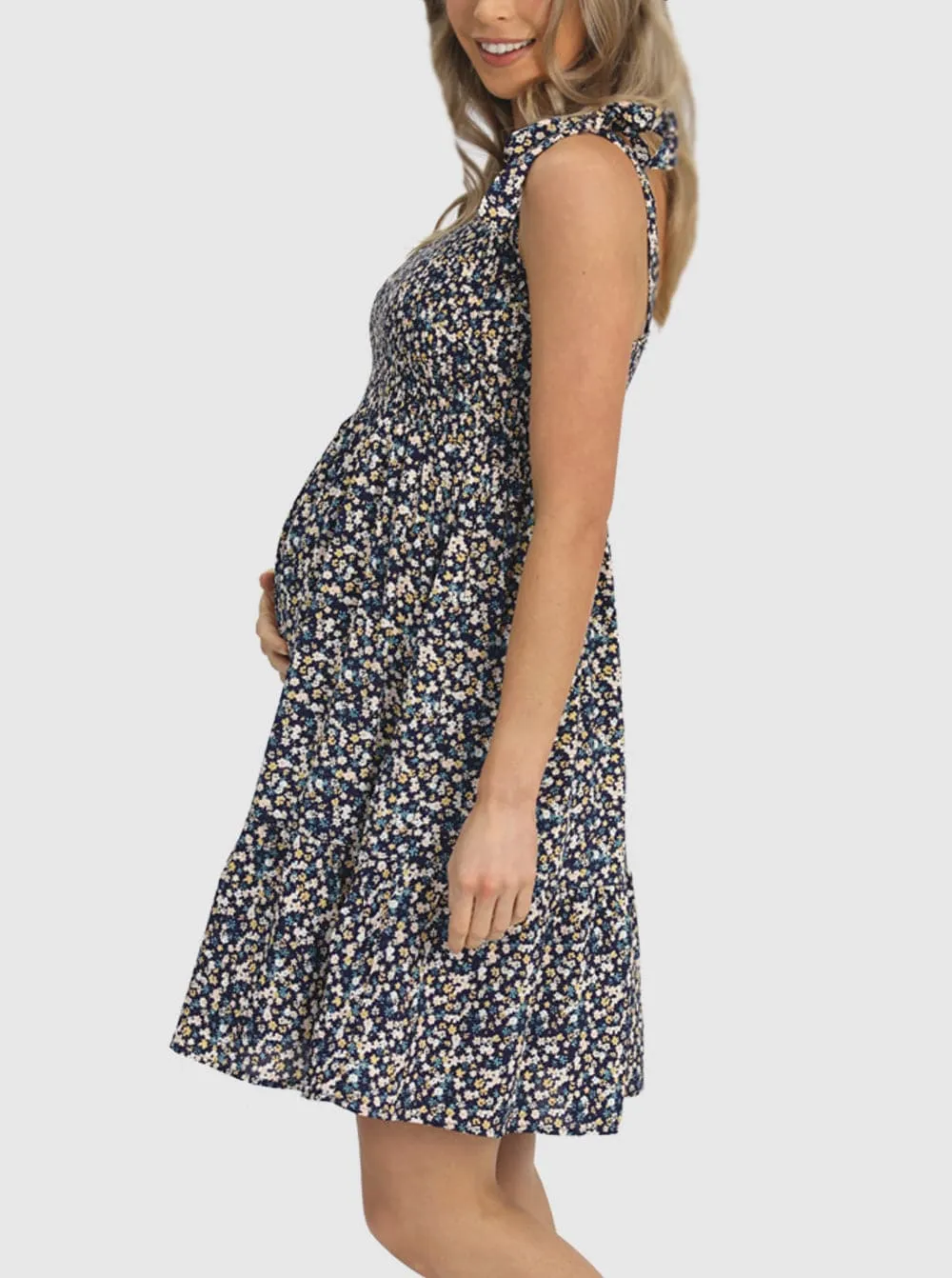 Lily Maternity Summer Shirred Nursing Dress in Navy Floral