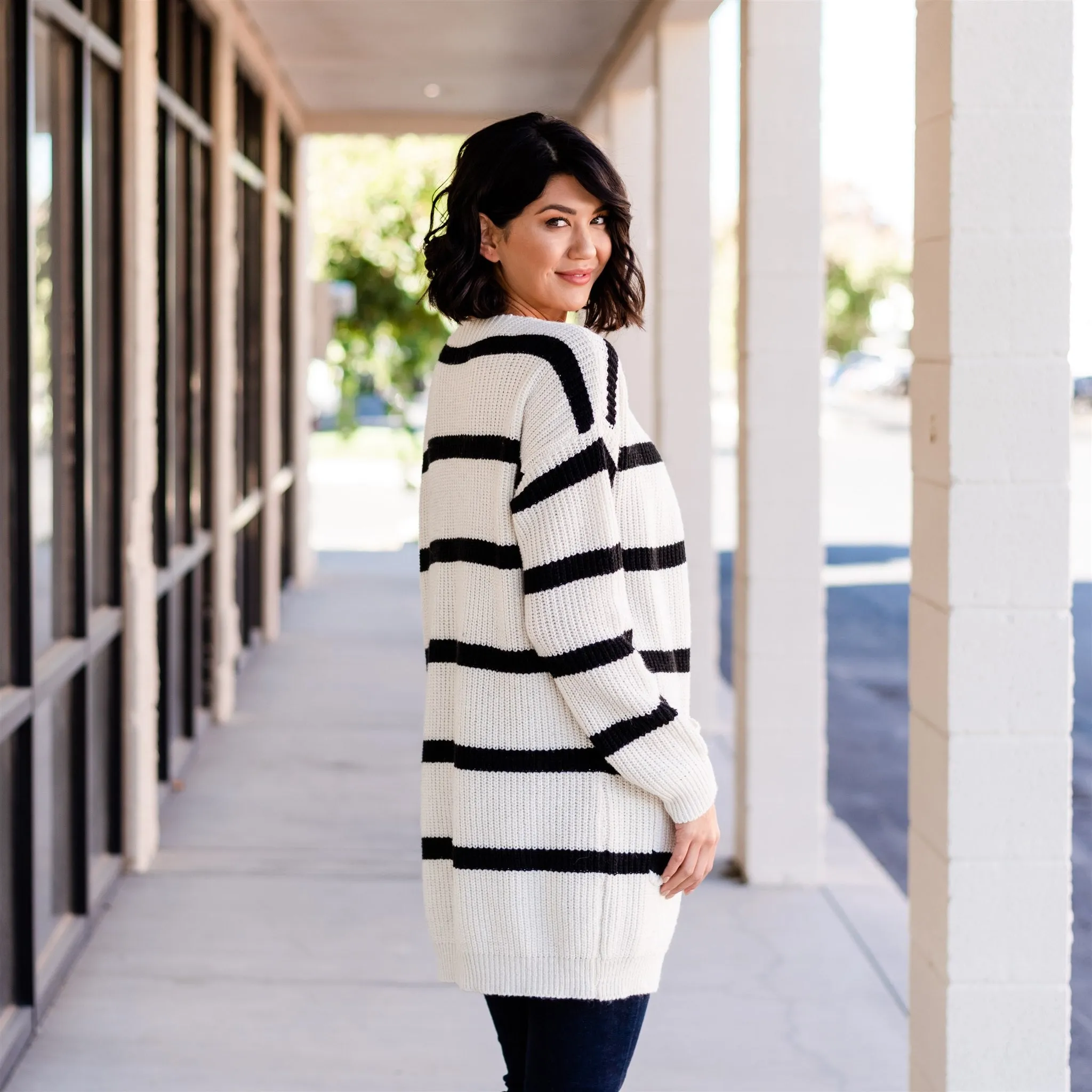 Long Cozy Striped Cardigan: Beige/Black